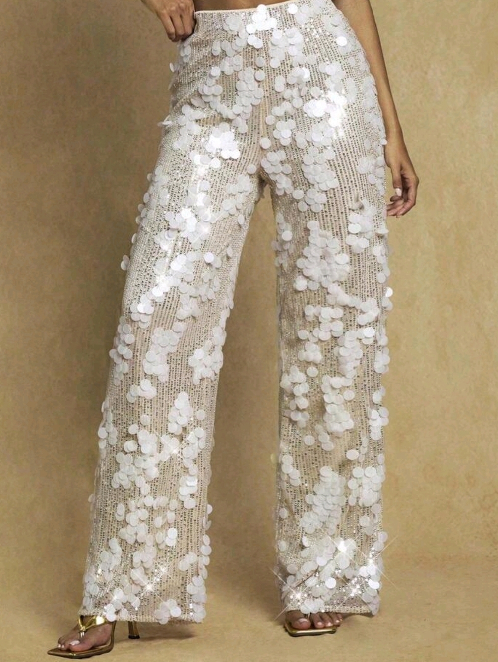 Glamine High Waist Sequin Wide Beige Leg Long Pants For Holiday Party Clothes